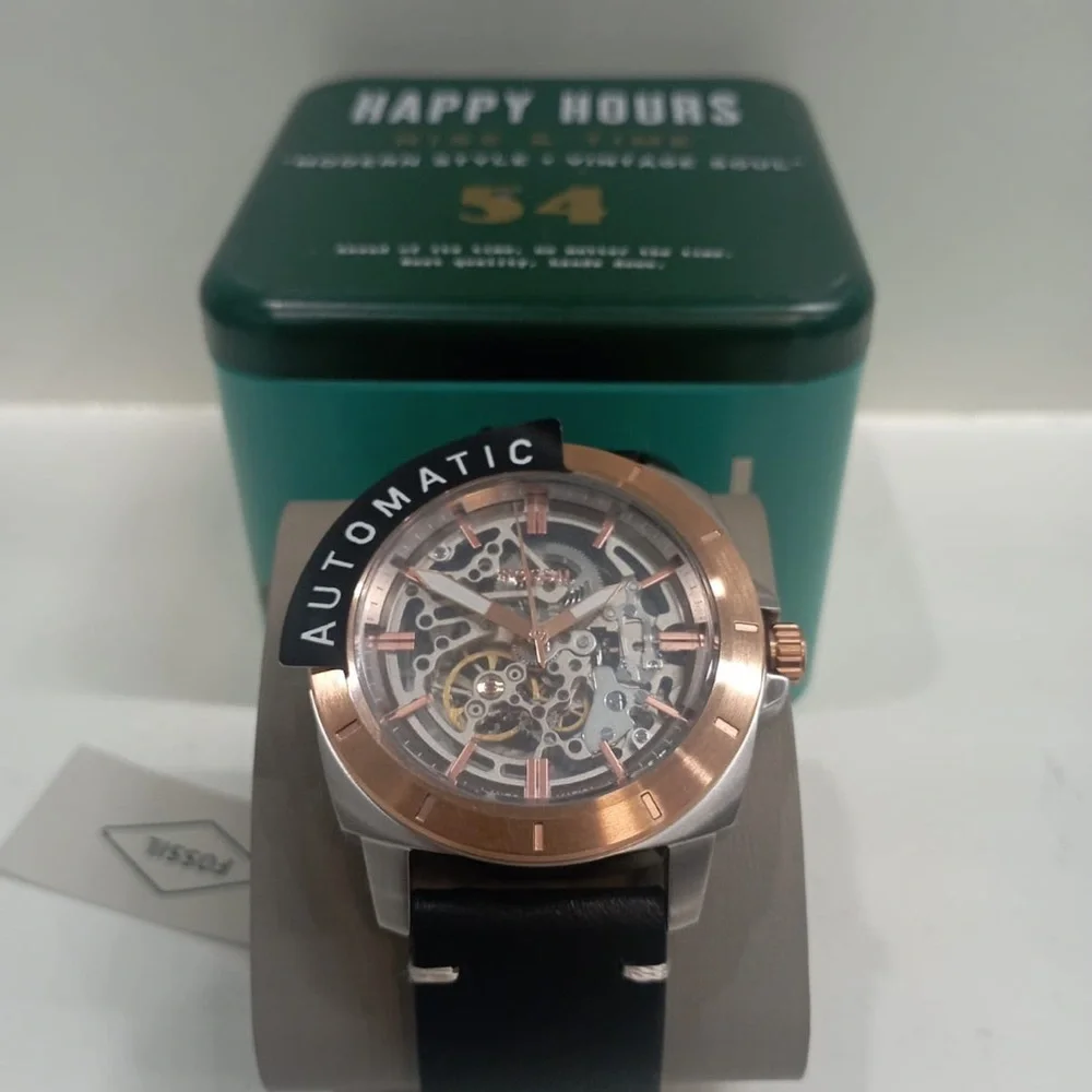 NWT BQ2428 FOSSIL Privateer Sport Mechanical Black Leather Automatic Watch